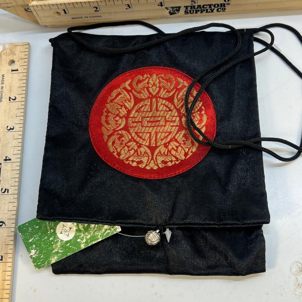 Women's Black Satin Drawstring Crossbody Bag Red Gold Chinese Embroidery Purse